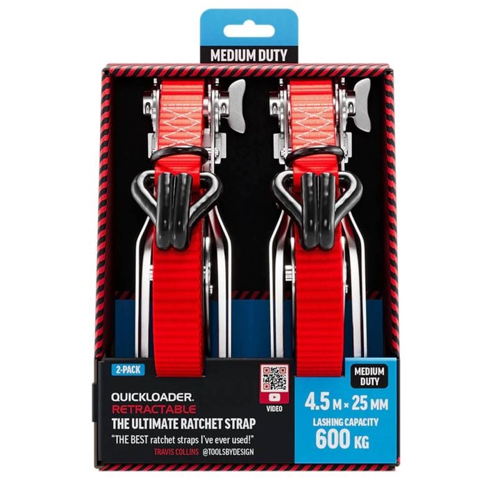 Quickloader Retractable Ratchet Strap Tie Down 4.5m x 25mm 600kg - 2 Pack