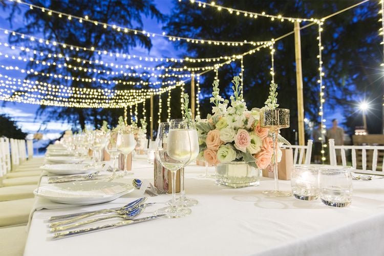 Outdoor dining table with hanging fairy lights