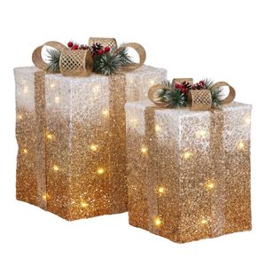 Christabelle 2 Gold White Christmas Gift Boxes Light Up Display 41cm 35cm Indoor Xmas Festive Decoration