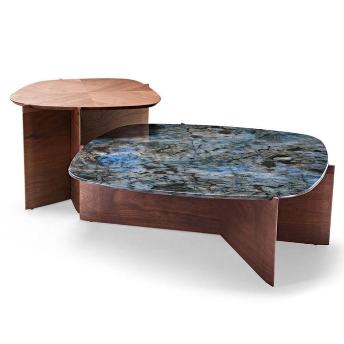 Eureka 41" CT04 Walnut & Blue Jade Marble Irregular Coffee Table with Side Table Set