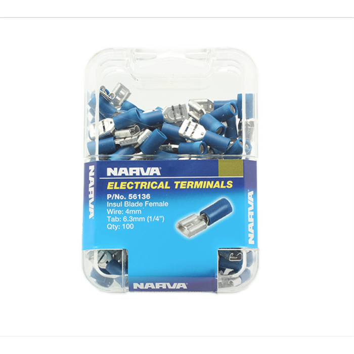 Narva 4mm / 6.3 x 0.8mm Blue Double Crimped Female Blade Terminal - 100 Pack