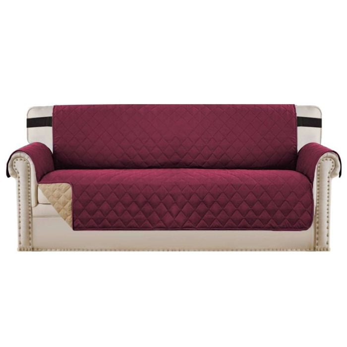 Smarcute 3 Seater Quilted Reversible Sofa Cover with Straps Burgundy
