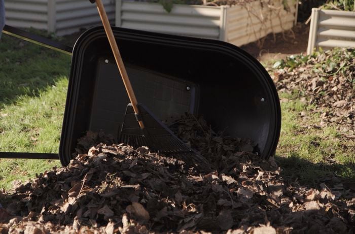 Wheelbarrow on its side with a rake and a pile of autumn leaves next to it