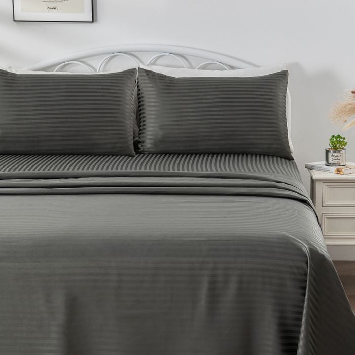 LINENOVA 1800TC Striped Microfibre Sheet Set-Deep grey Queen