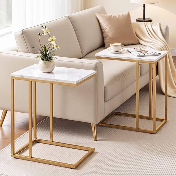 HOMFURN Set of 2 C-Shaped Side Tables, Marble-look Top & Gold Frame, 10kg Capacity for Living Room & Bedroom