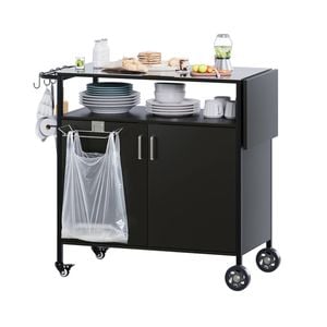 Advwin Mobile Kitchen Island W/ Foldable Side Table Paper Holder Trash Bag Rack