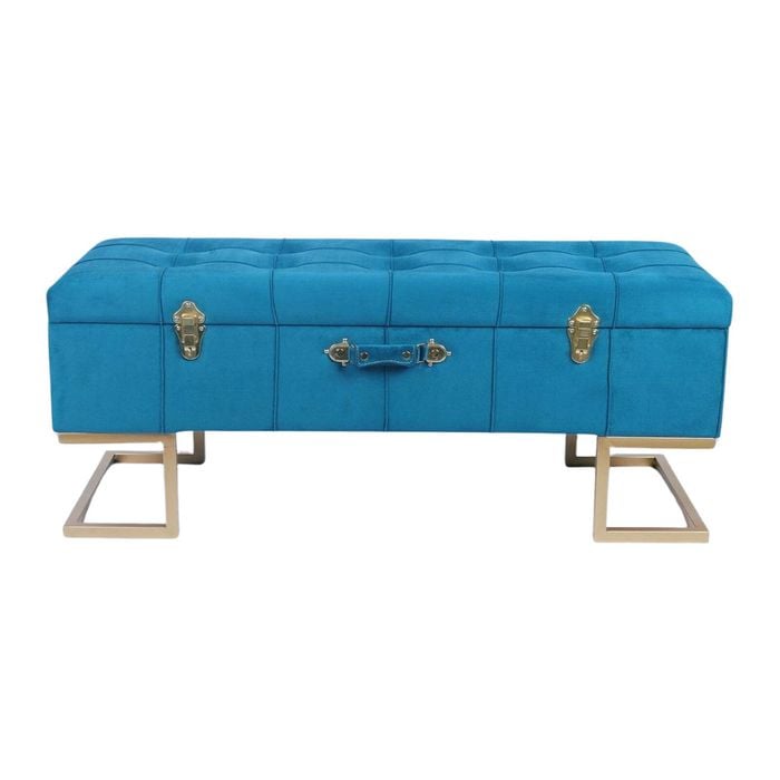 P&P Vibrant Peacock Blue Velvet Storage Ottoman with Gold Iron Base 105x40x42cm