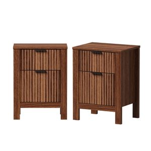Oikiture 2pc Modern Bedside Table Nightstand Drawer Shelf Door Cabinet Walnut