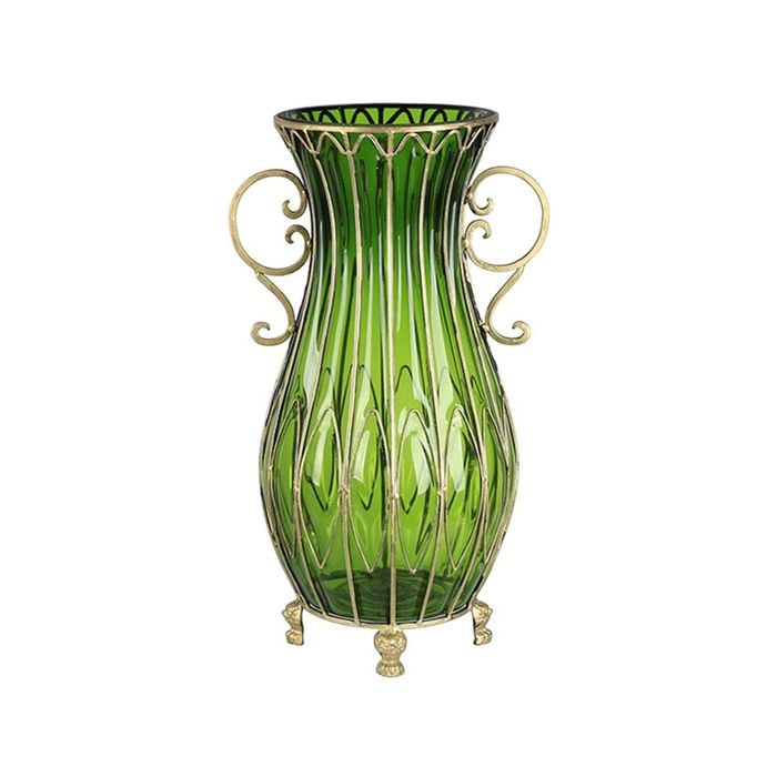 Soga 51cm Green Glass Oval Floor Vase With Metal Stand