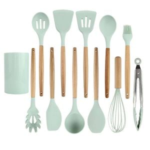Catzon 12 Pcs Silicone Cooking Utensils with Holder & Wooden Handle Non-Stick
