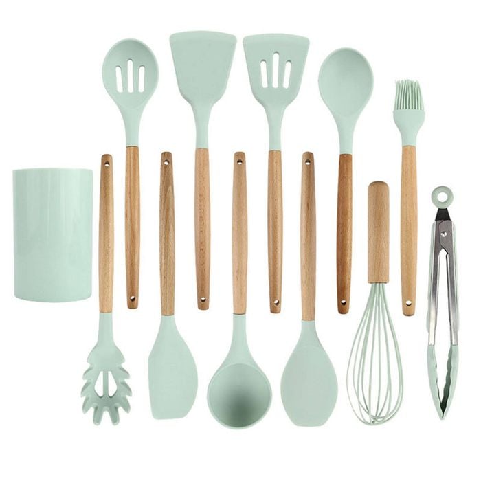Catzon 12 Pcs Silicone Cooking Utensils with Holder & Wooden Handle Non-Stick