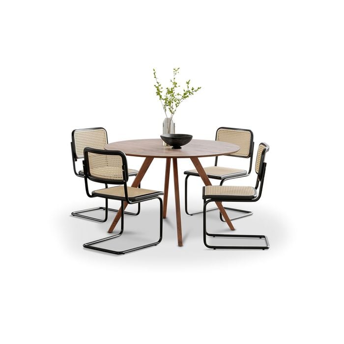 Milari 5 PCE Round 120cm Walnut Dining Set with Black Rattan Cantilever Chairs