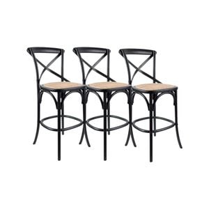 Aster 3pc Crossback Bar Stools Dining Chair Solid Birch Timber Rattan Seat Black