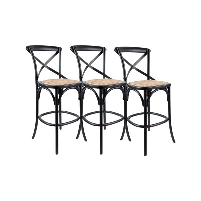 Aster 3pc Crossback Bar Stools Dining Chair Solid Birch Timber Rattan Seat Black