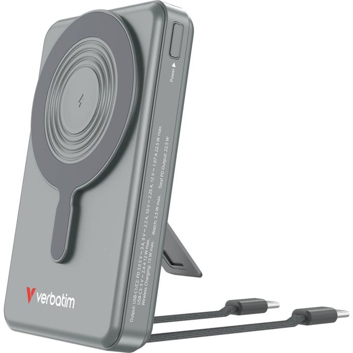 Verbatim Power Bank Magnetic Wireless W/ Dual Usb-c Cables 10000mah Grey