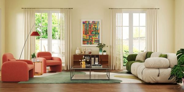 A furnished modern lounge room with two windows, a couch, two chairs, a rug, a coffee table and a print on the wall in it.