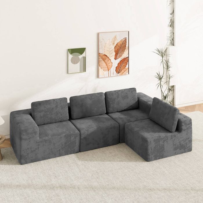 Advwin 340cm 4 Seater Sofa Convertible L Shaped Sofa Chenille Sectional Couch No Assembly Foam Modular Sofa Deep Grey
