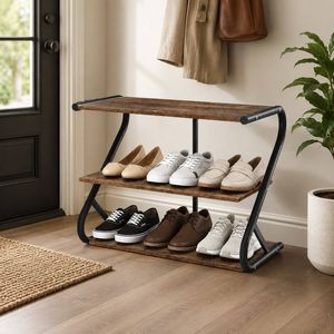 Homfurn 3 Tier Shoe Rack Storage Shelves Organiser Industrial Style Rustic Brown