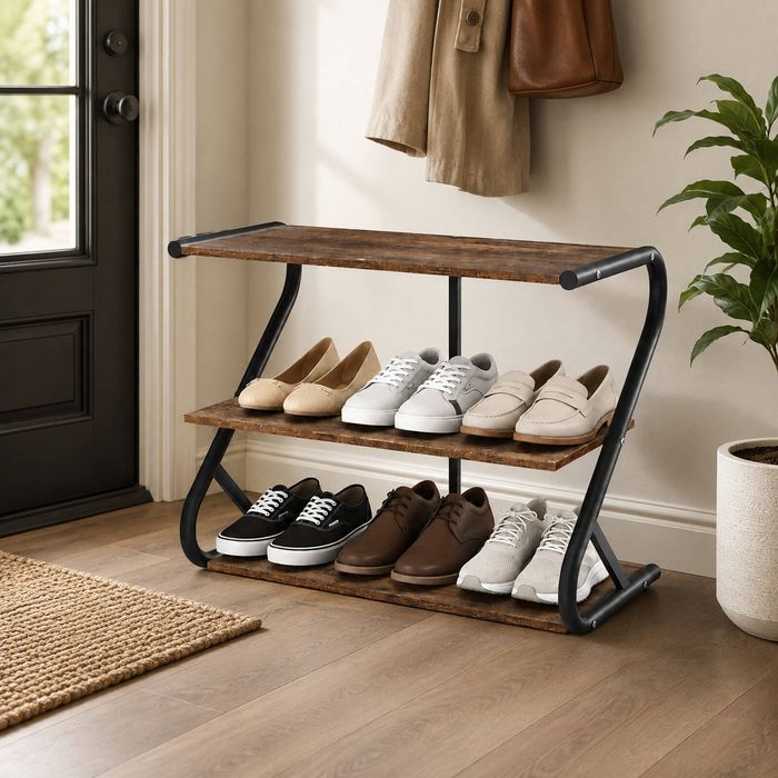 Homfurn 3 Tier Shoe Rack Storage Shelves Organiser Industrial Style Rustic Brown