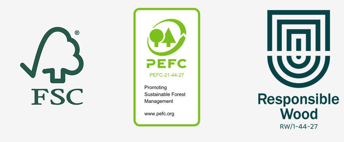 Sustainability certification logos displayed side by side on a light grey background. From left to right: the FSC (Forest Stewardship Council) logo featuring a stylised tree, the PEFC (Programme for the Endorsement of Forest Certification) logo with the text “Promoting Sustainable Forest Management”, and the Responsible Wood certification logo with a geometric emblem and certification number.