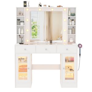 Advwin Dressing Table w/ Mirror Glass Top LED Cabinet & Charging Station White
