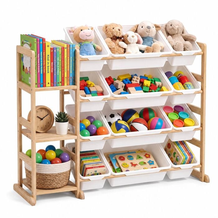 PlayPals Wooden Toy Storage Organizer w/Side Shelves & 12 Storage Bins Cabinet White