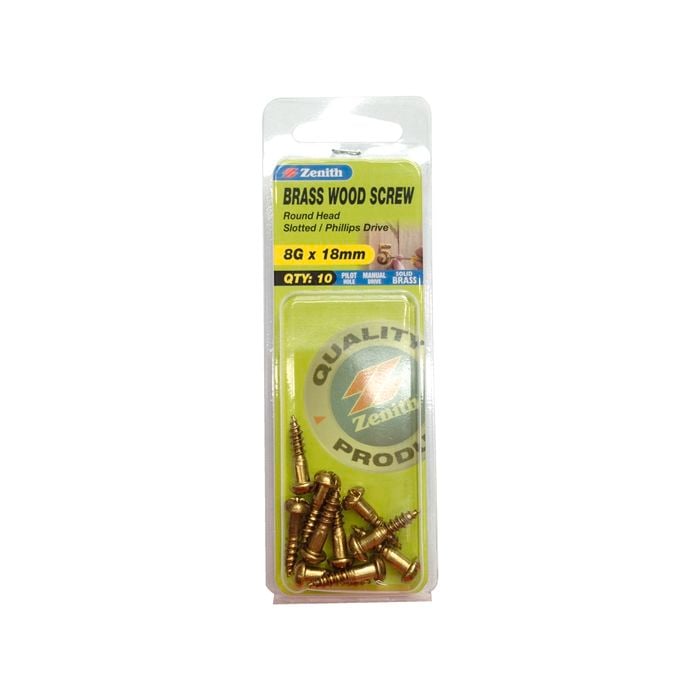 Zenith 8G x 18mm Solid Brass Wood Screw - 10 Pack