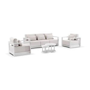 Whitehaven 3+1+1 Seater Outdoor Aluminium Lounge Set White With Hugo Coffee Table & Sandstone Olefin Cushions