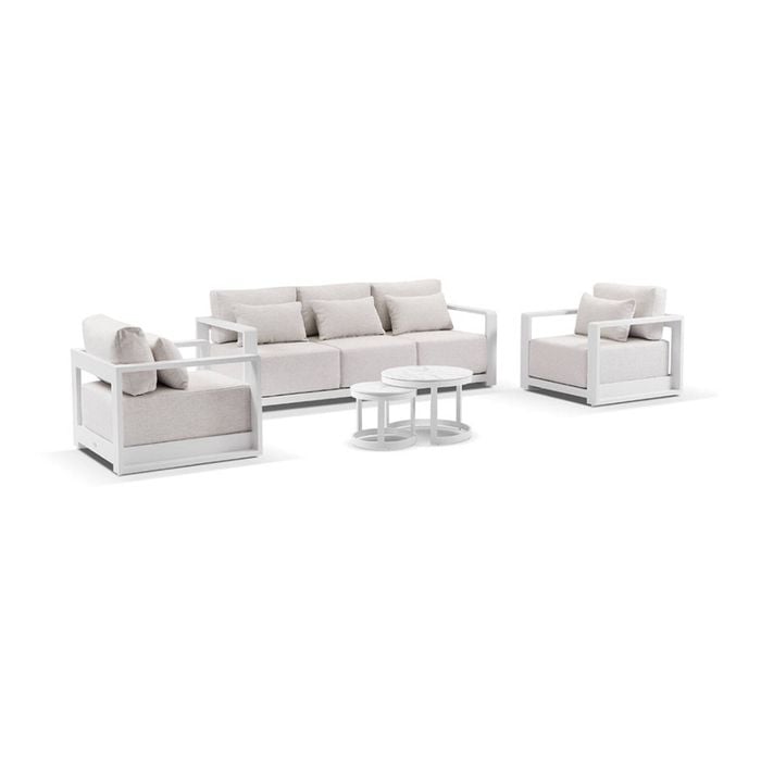 Whitehaven 3+1+1 Seater Outdoor Aluminium Lounge Set White With Hugo Coffee Table & Sandstone Olefin Cushions
