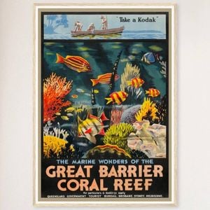 Galrie Vintage Great Barrier Reef Travel Poster by Roger Broders Queensland Australia Art, Wood Frame, 70 x 100cm (28 x 40inch)