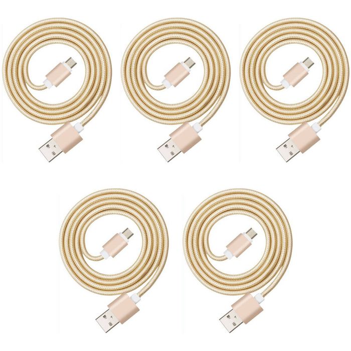 iWill 5 Pack 2m Long Data Transfer Charger Charging Micro USB Cable Cord for Android Phone Tablet Bulk Braided Gold Nylon
