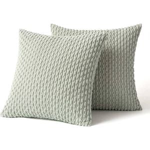 Catzon 2 Pcs Throw Pillow Covers Soft Striped Corduroy Cushion Case for Couch 40X40cm-Light Green