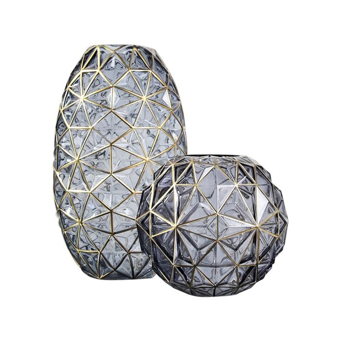 SOGA Grey Diamond-Cut Glass Vase Set – Gold Accent