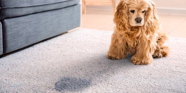 Dog sitting next to stained carpet.