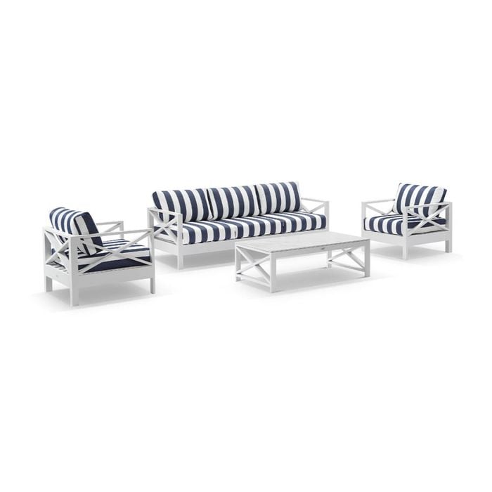 Kansas 3+1+1 Seater Lounge Set Coffee Table White & Navy Stripe Cushions