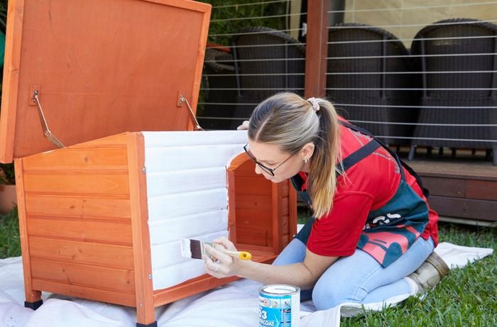 Painting a three-in-one undercoat on a dog kennel