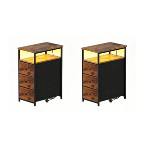Ufurniture 2PCS Narrow Side Table with 3 Drawers Night Stand Sofa End Table, Walnut and Black