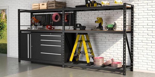 a garage organising shelf inside garage with equipment on 