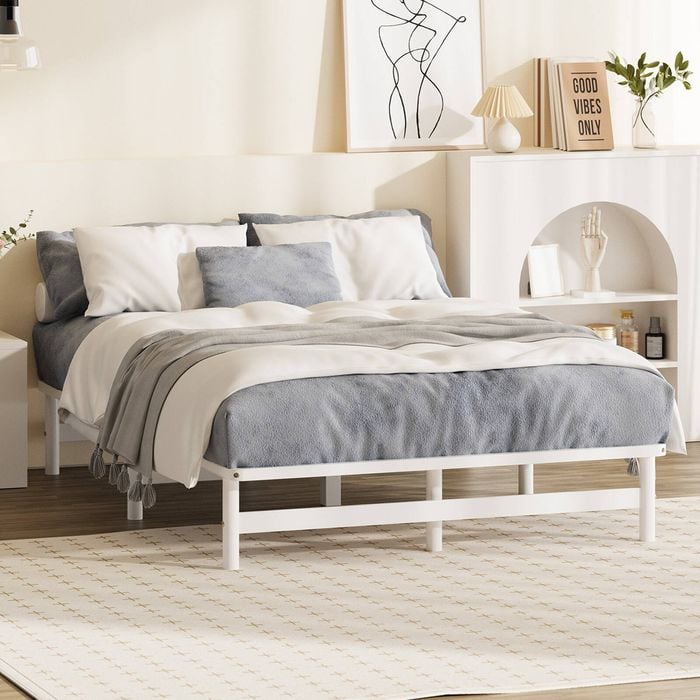 Oikiture Wooden Bed Frame Double Solid Pine Timber Platform White