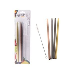 Appetito Set 4 Metallic Straight Stainless Steel Straws + Cleaning Brush
