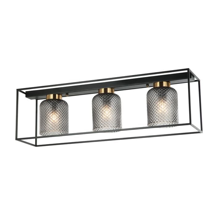 LumenSphere Carlos 3-Light Flush Mount Light - Black Finish, Smoke Glass, Metal Frame, E27 Base