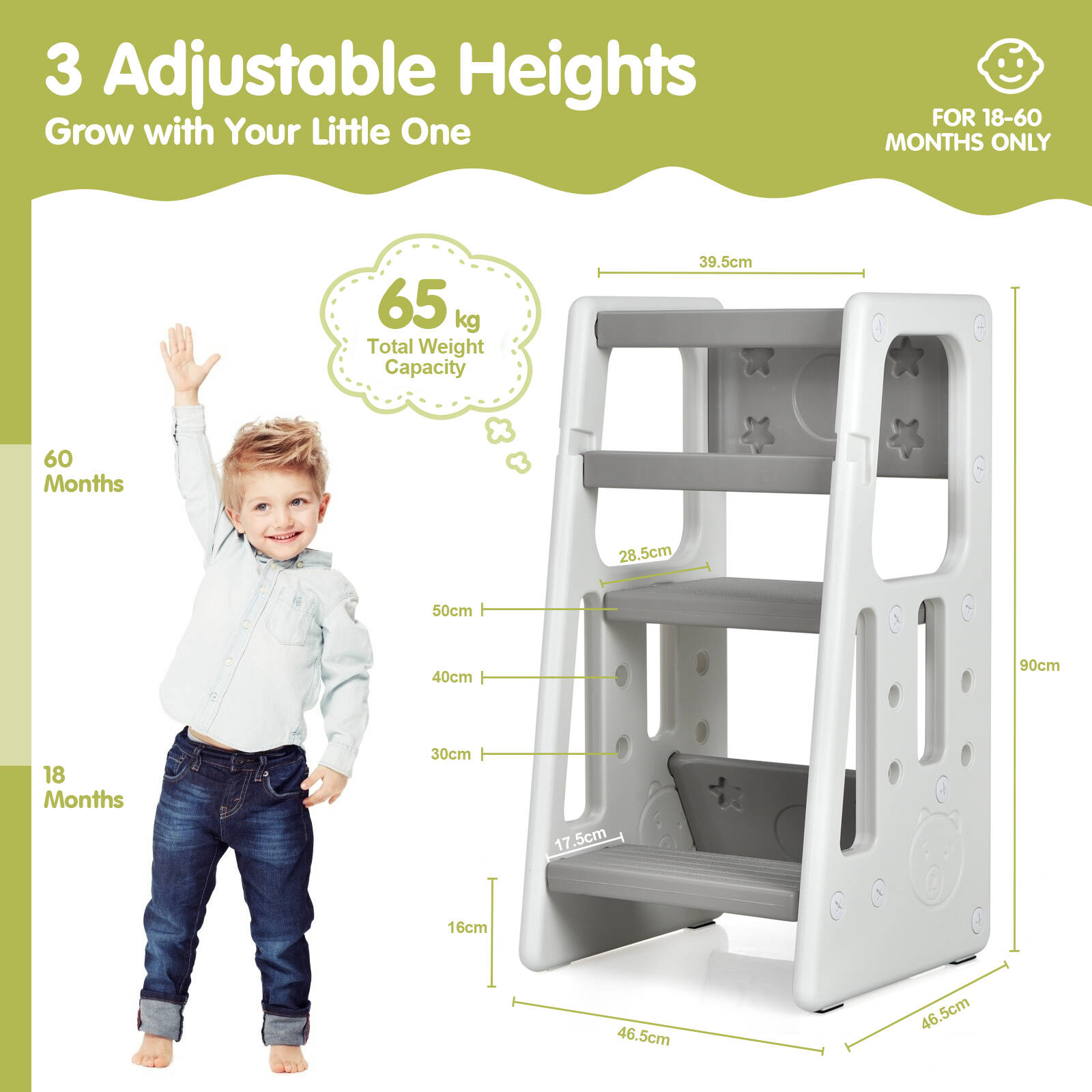 Costway Kids Step Stool Adjustable Toddler Tower Kitchen Countertop Bathroom Grey Bunnings Australia