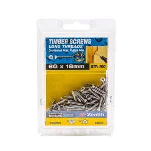 Zenith 6G x 18mm Stainless Steel Long Thread Countersunk Head Screw - 100 Pack