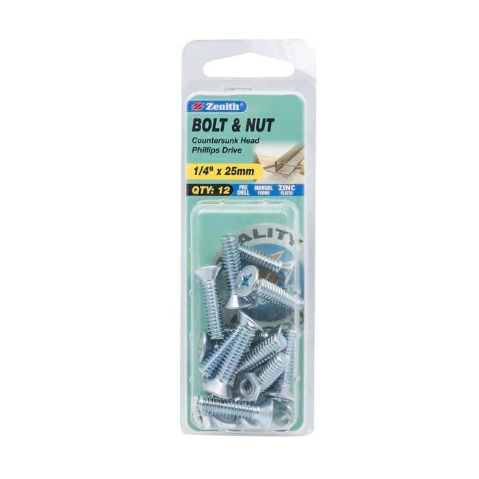Zenith 1/4" x 25mm Zinc Plated Countersunk Head Bolt and Nut - 12 Pack