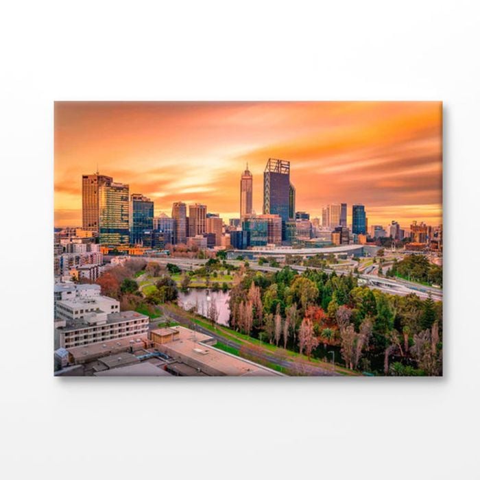 Perth's Skyline at Sunset Print 100% Australian Made 150x100cm (Stretched Canvas)