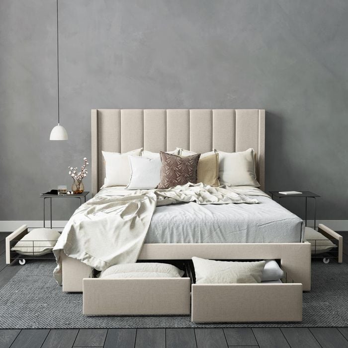 Emilie King Beige Four Large Drawers Storage Bed Frame with Wings
