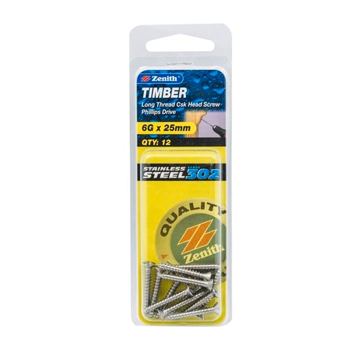 Zenith 6G x 25mm Stainless Steel Timber Screw - 12 Pack