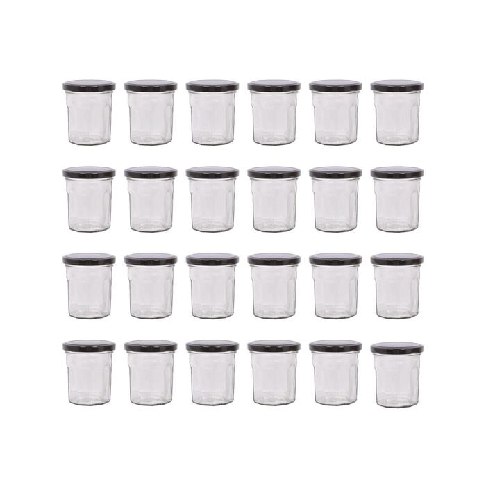 Argon Tableware 150ml Glass Jam Jars With Airtight Black Lids - Set Of 24 Empty Screw Top Kitchen Storage Preserving Jar