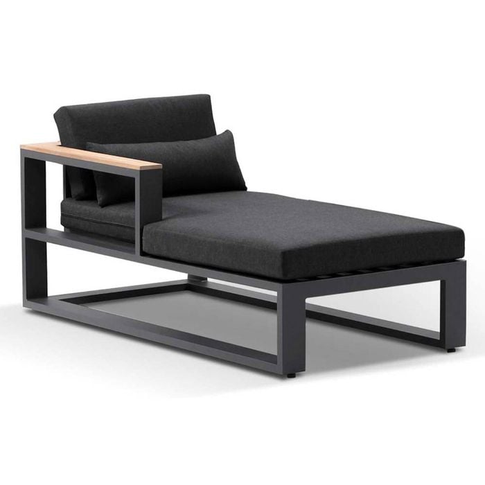 Balmoral Outdoor Aluminium And Teak Timber Daybed Chaise Lounge Left & Denim Grey Cushions
