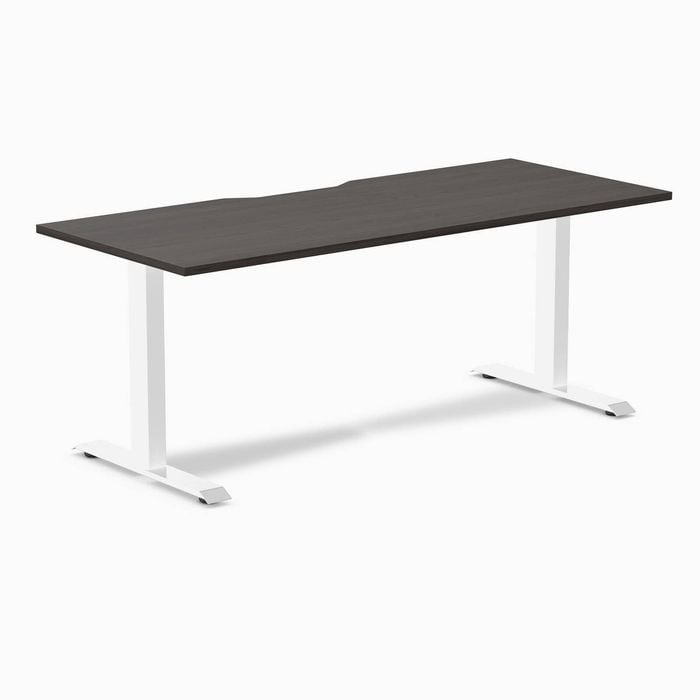 Desky Fixed Height Burnished Wood Scalloped Melamine Desk 180x75cm White Leg